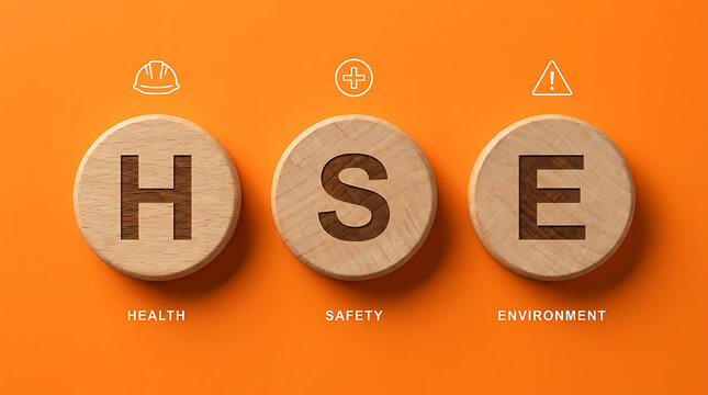 HSE Health Safety Environment acronym wooden block concept on orange