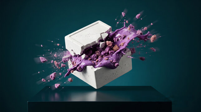 High speed photography of a minimalist geometric concrete cube dessert cracking open, dynamic explosion and splash of purple ube cream with flying crumbs.