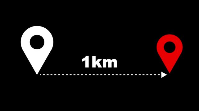 1 km distance from one place to another animation. location icon on black background . 1 km distance icon. distance from one place to another is kilometer.