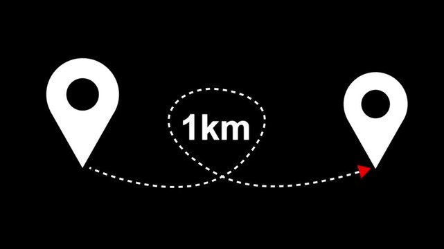 1 km distance from one place to another animation. location icon on black background . 1 km distance icon. distance from one place to another is kilometer.