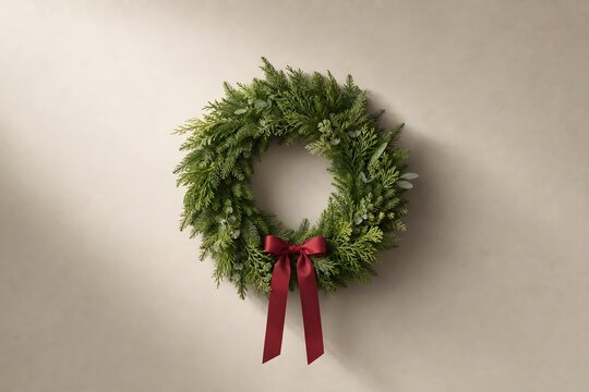 Green Christmas Wreath with Red Ribbon on Neutral Background