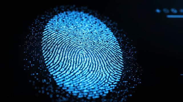 Digital Fingerprint Scan with Blue Particle Effect and Futuristic Interface