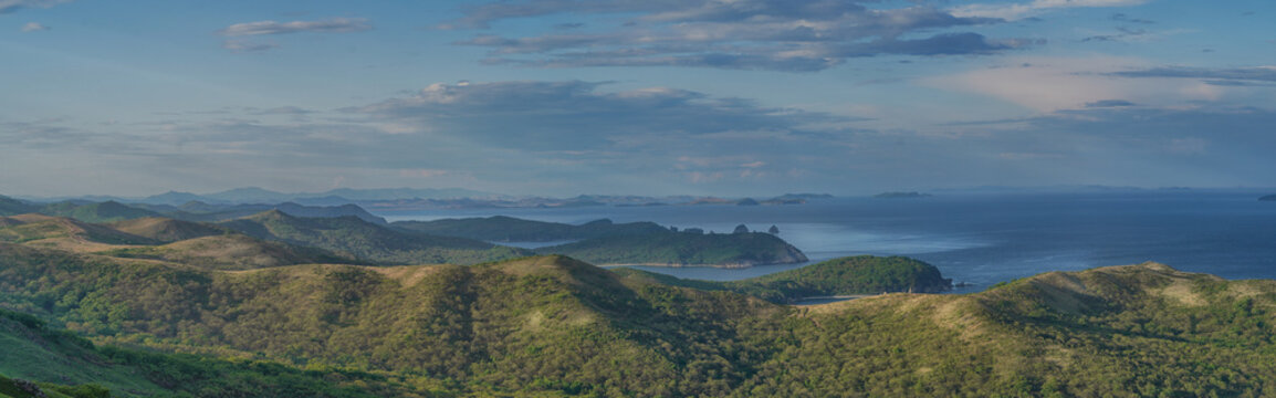 Panorama of bays and coves of Krabbe Peninsula in Primorye, Russia
