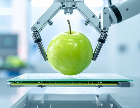 Robotic Precision: A robotic arm meticulously picks up a crisp green apple, symbolizing the integration of technology in food production and quality control.