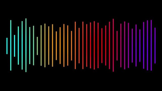 A vibrant, rainbow-colored audio equalizer waveform animated against a dark black background. This visual dynamic soundwave represents audio spectrum analyzer frequencies, music rhythm, beat, voice,