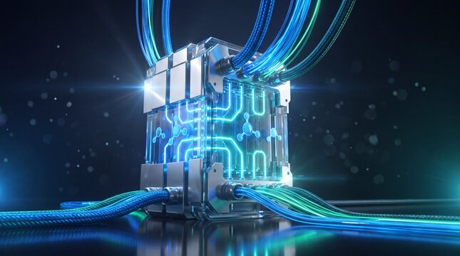 Futuristic Hydrogen Fuel Cell Stack Core with Glowing Electric Blue Light Infrastructure