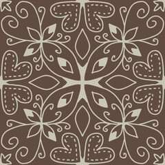Fototapeta premium Symmetrical Brown Floral Tile Mandala with Heart Motifs Vector Illustration