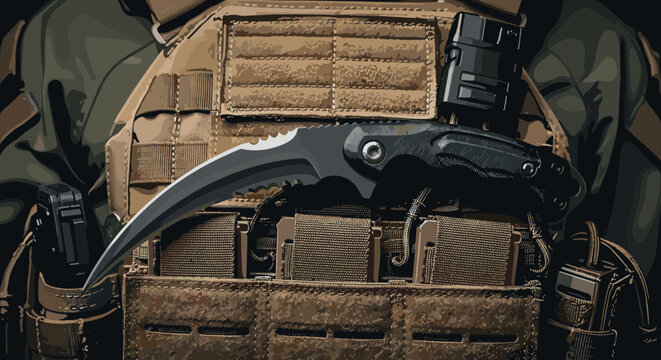 Tactical kerambit vector on military combat vest