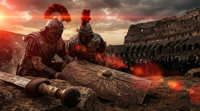 Cinematic Roman gladiators on smoky battlefield at sunset.