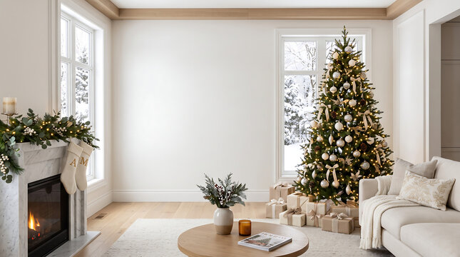 Cozy Modern Living Room Interior with Decorated Christmas Tree, Fireplace and Blank Wall Mockup Space
