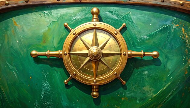 Vintage Brass Ship Wheel on Green Marble Background.