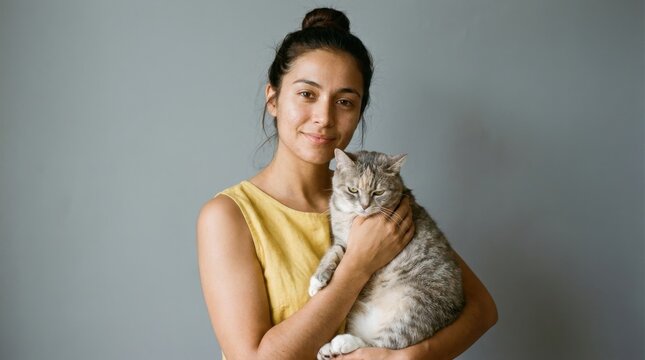 Young woman holding a tabby cat in her arms against a gray background.
