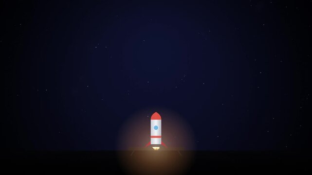2D Animated Rocket Launching from Ground into Starry Space Night Sky for Startup and Success Concept