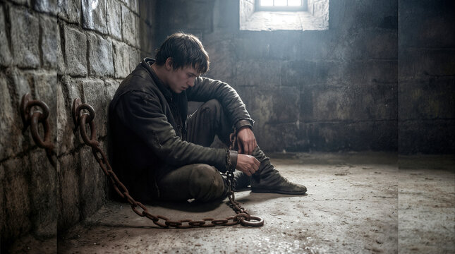 Prisoner sitting on floor of medieval stone dungeon cell. Young man in shackles held in captivity within ancient fortress or castle jail.