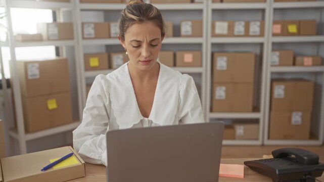 Woman at laptop with parcel and hands raised looking at screen in office; ecommerce small business frustration.