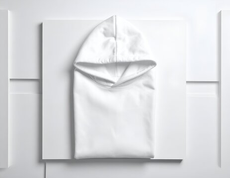 Folded white hoodie on architectural white panels.