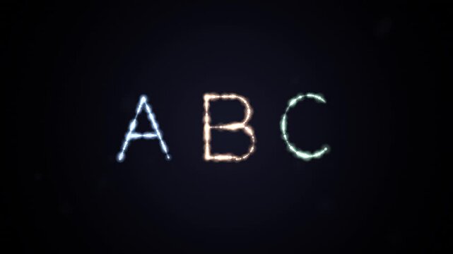 Particle animation of alphabet letters ABC forming from glowing sparks on a black background for educational motion graphics.
