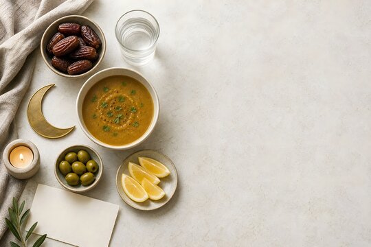 Ramadan Iftar Food Set with Soup and Dates on Neutral Background