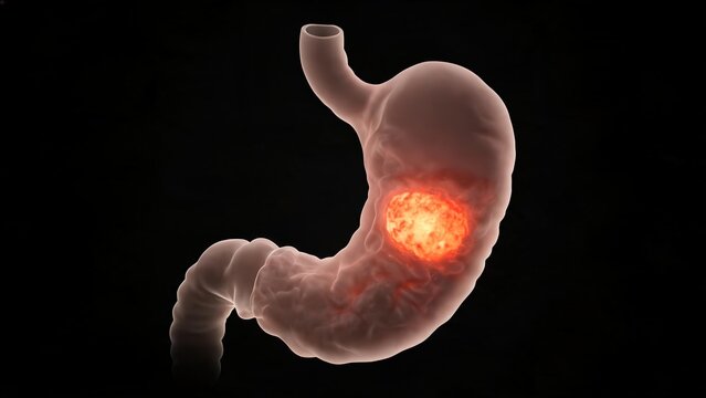 Transparent human stomach medical illustration showing gastric cancer and gastric tumor pathological features for clinical science display