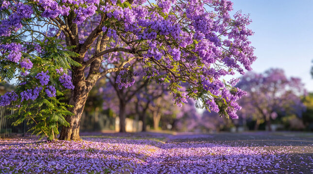 Jacaranda trees in full bloom with purple flowers lining the ground  