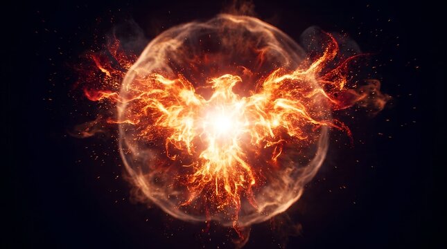 Fiery Phoenix Bird Bursting From Flaming Energy Sphere with Flying Embers
