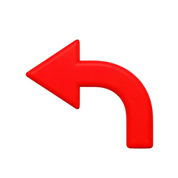 Red curved arrow pointing left and upwards indicating direction for navigation or return on transparent background.