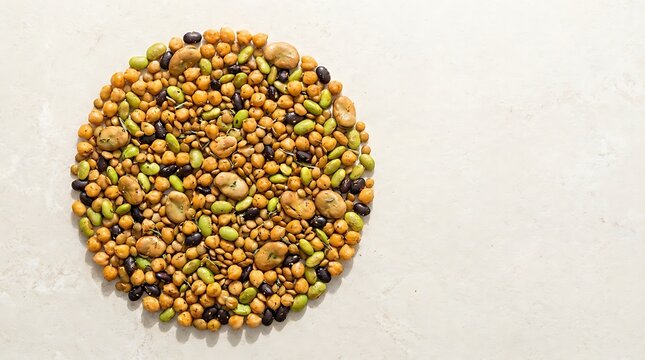 Top view of a circular heap of mixed raw dry beans and lentils for healthy cooking and nutrition. roasted bean medley