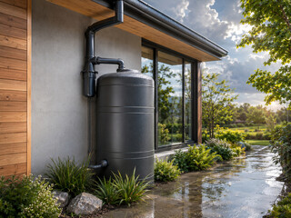 Obraz premium Residential rainwater harvesting system beside modern home