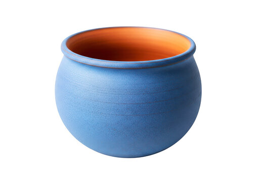 Blue pottery pot with orange interior simple shape isolated on white background studio shot of small ceramic container simple clay object for decoration or holding small items.