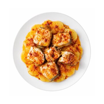 Spanisches Fischgericht mit Kartoffelscheiben, Paprika, Knoblauch und Oliven&ouml;l, appetitlich auf wei&szlig;em Teller angerichtet und freigestellt von oben fotografiert.