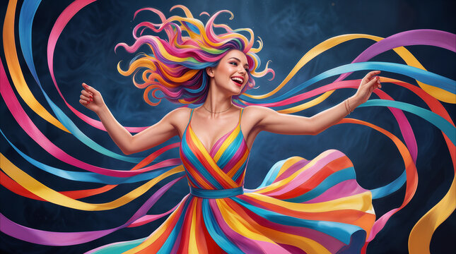 Vibrant young woman dancing with rainbow colored hair and flowing ribbons. Artistic representation of joy and freedom in a surreal digital environment.