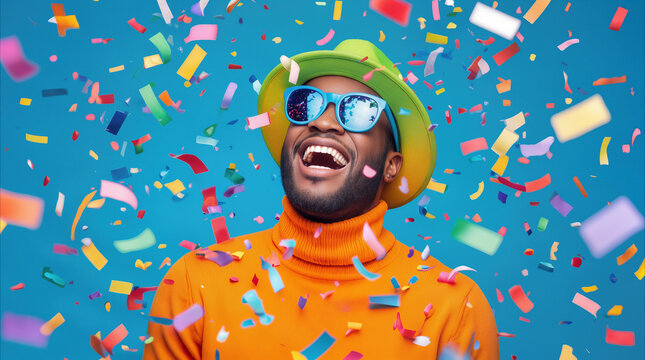 Ecstatic partygoer celebrating under falling confetti. Vibrant studio portrait of joyful man in colorful outfit for festive event marketing.