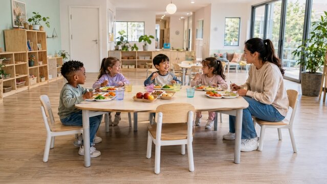 Preschool Teacher Sharing a Healthy Lunch with Diverse Children in Classroom
