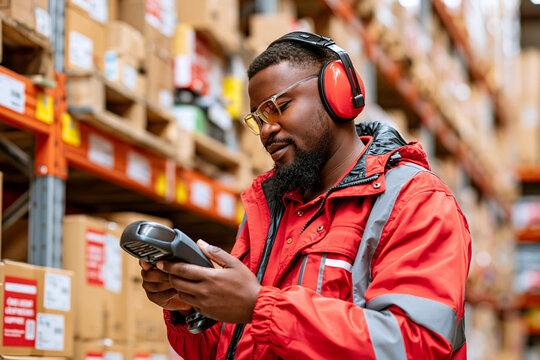 Black warehouse employee with tinted glasses and ear defenders scanning boxes