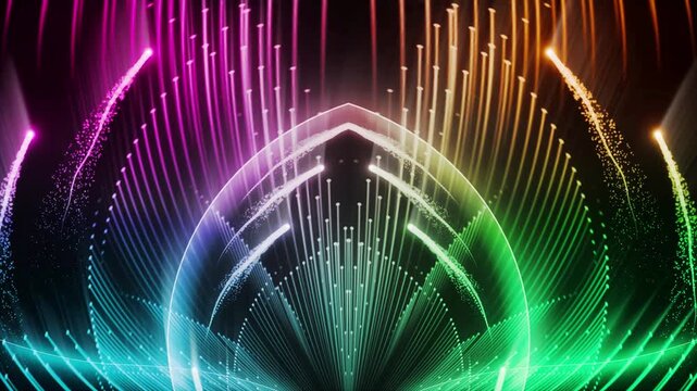 Elegant rainbow light waves and glowing particles forming a luxurious abstract shape.