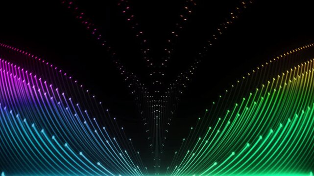 Symmetrical rainbow light trails flow elegantly across a dark luxury background.