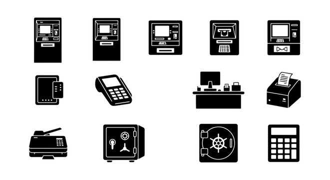Banking and Finance Icons: ATM, POS Machine, Safe, Calculator, Teller Window, Vector Set