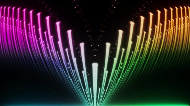 Radiant rainbow light trails rise into an elegant glowing symmetrical particle wave.