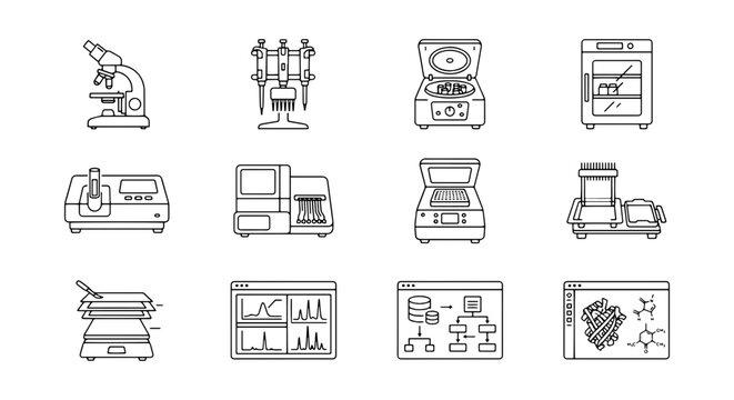 Laboratory Equipment Icons, Scientific Instruments Vector Set, Medical Research Technology Graphics