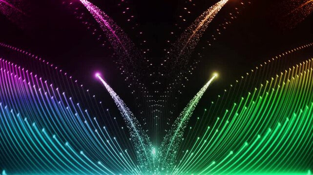 Glowing rainbow particle streams burst upward between elegant colorful light waves.