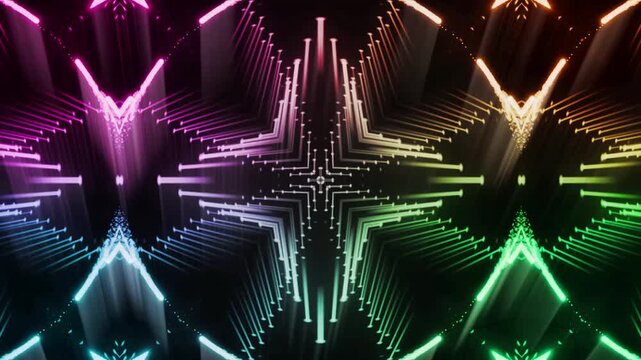 Futuristic rainbow light patterns form a luxurious symmetrical digital particle display.
