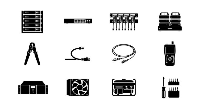 Network Server Rack, Router, Patch Panel, Hard Drives, Cables, Tools Vector Icons Set