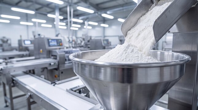 Flour pouring into industrial mixer. Automated food production line in a modern factory.