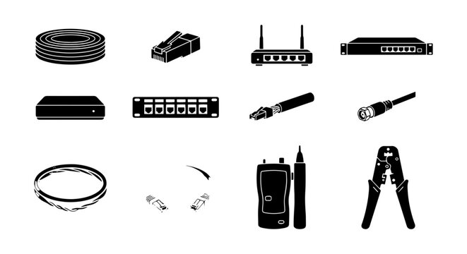 Network Hardware Icons, Ethernet Cables, Router, Switch, Tools, Vector Set