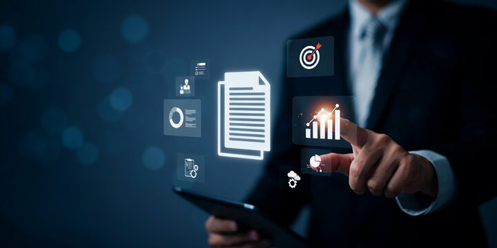 Executive Touching Electronic Document File Icon on Digital Screen Interface for Data Management