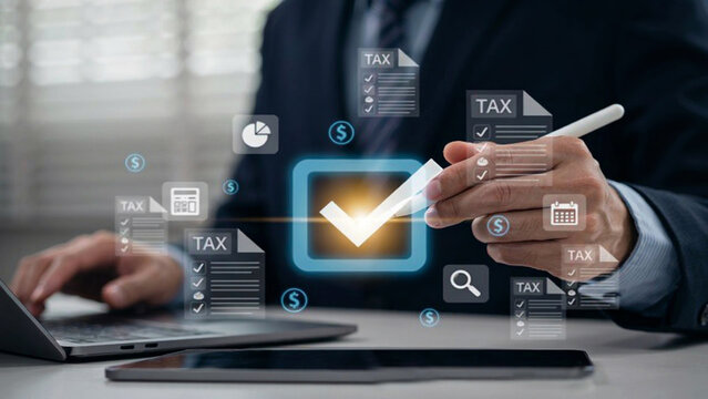 Business Professional Using Stylus Pen for Online Tax Filing and Financial Document Verification