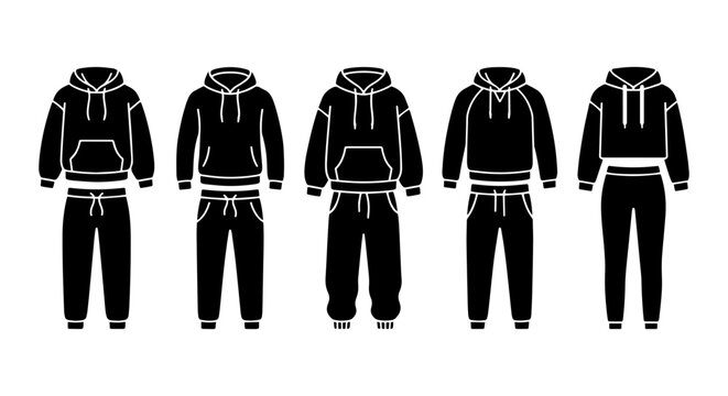Black Hoodie and Jogger Sets, Casual Athleisure Wear, Vector Fashion Icons, Modern Streetwear Collection