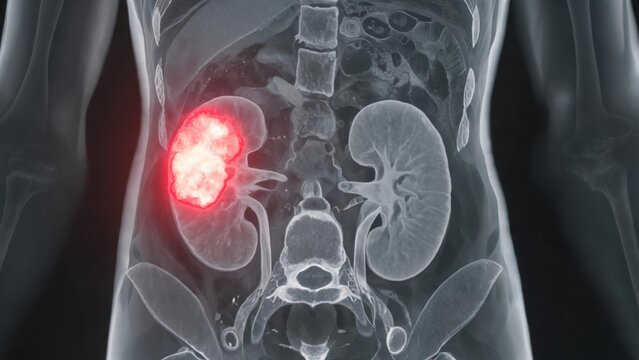 Transparent human kidney medical illustration showing renal cancer and kidney tumor pathological features for clinical science display