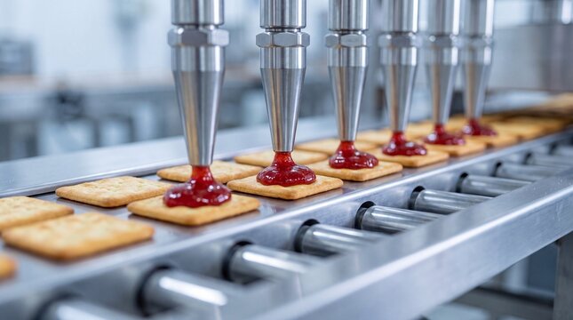 Automated biscuit production line. Industrial food manufacturing with jam filling machine.