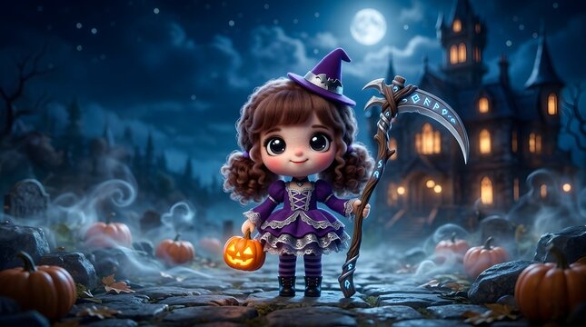 Cute cartoon halloween character in a spooky glowing night setting with a vibrant vibe